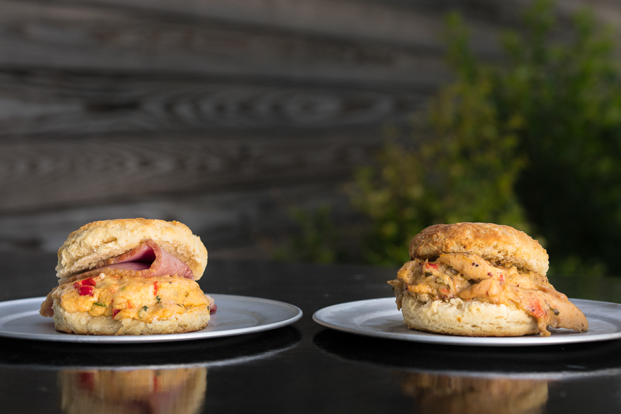 Biscuit with pimento and ham. Biscuit with chicken and peppers. 