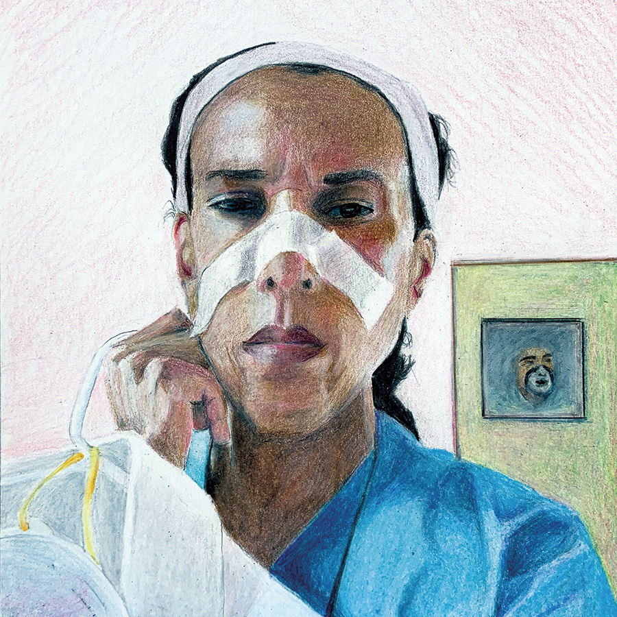 On Lisa's War,  by artist Mike Solomon. A practicing physician, Dr. Merritt can be seen here in her PPE. Artwork by Mike Solomon.