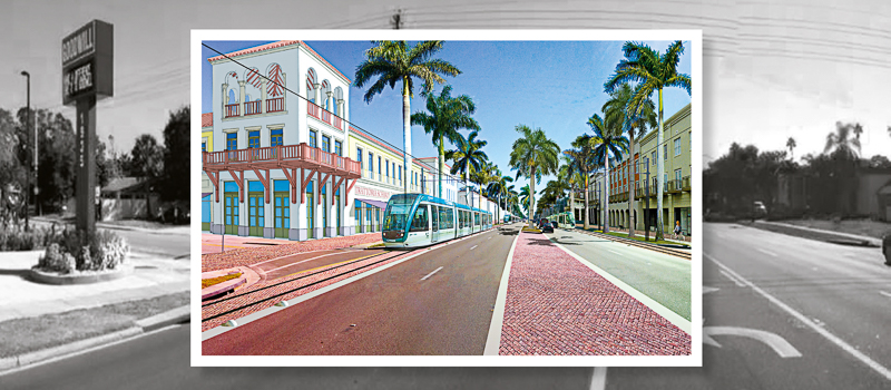South Tamiami Trail, Multi-modal Transformation layout with transposed image of artists rendering overlay of commuter rail. 