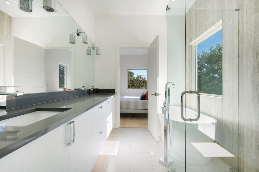 Monochromatic bathrooms bespeak efficiency and cleanliness, and secluded balconies offer quiet escapes.
