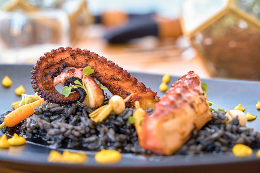Charred  octopus, sous-vide for up to eight hours and served with squid ink risotto, saffron emulsion and pickled vegetables. Photo by Wyatt Kostygan.