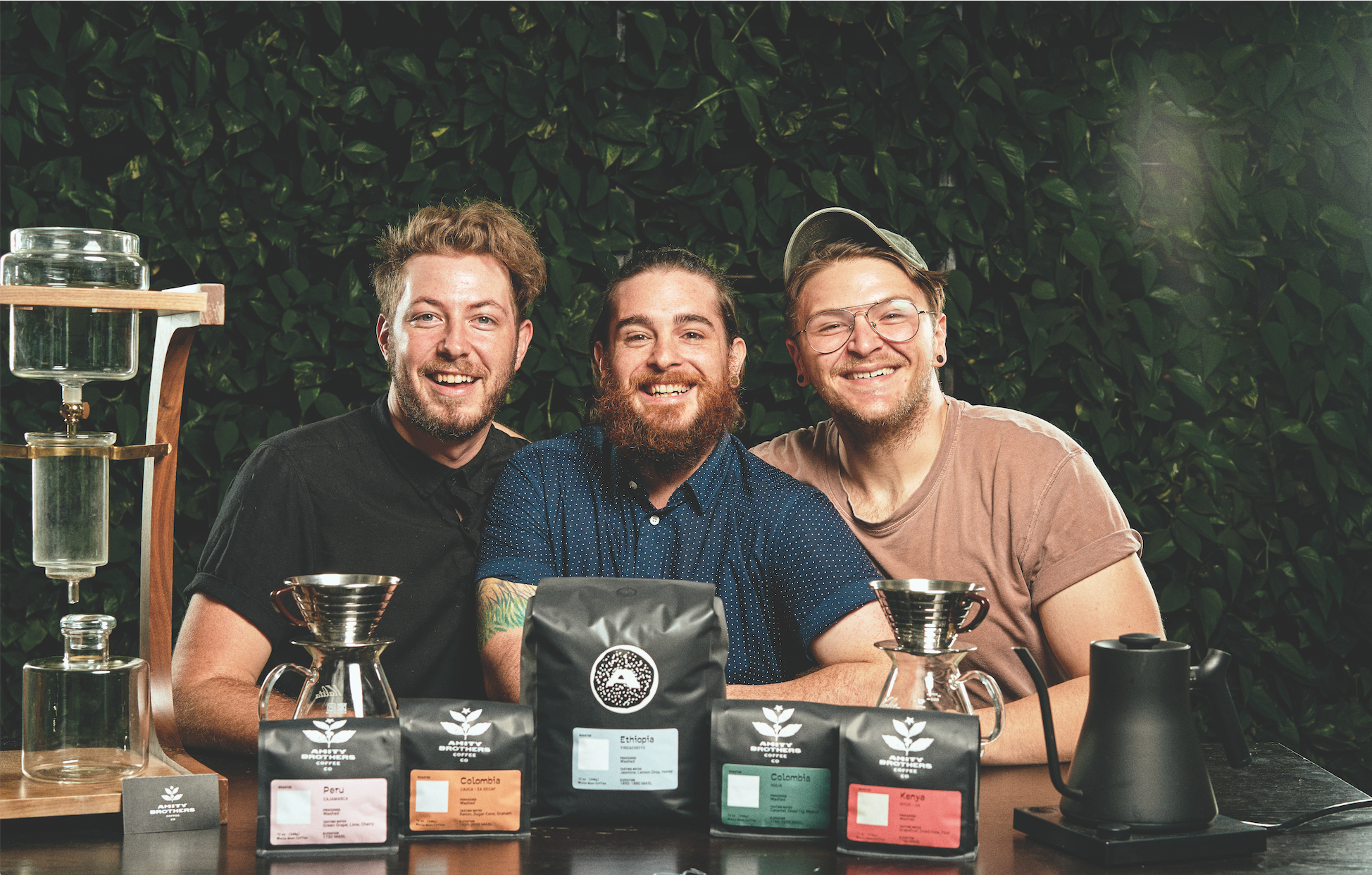 Three stooges, Christopher LeMaster, Chase Bryner and Ryan Parker of Amity Bros. keep it light, even for dark roasts.