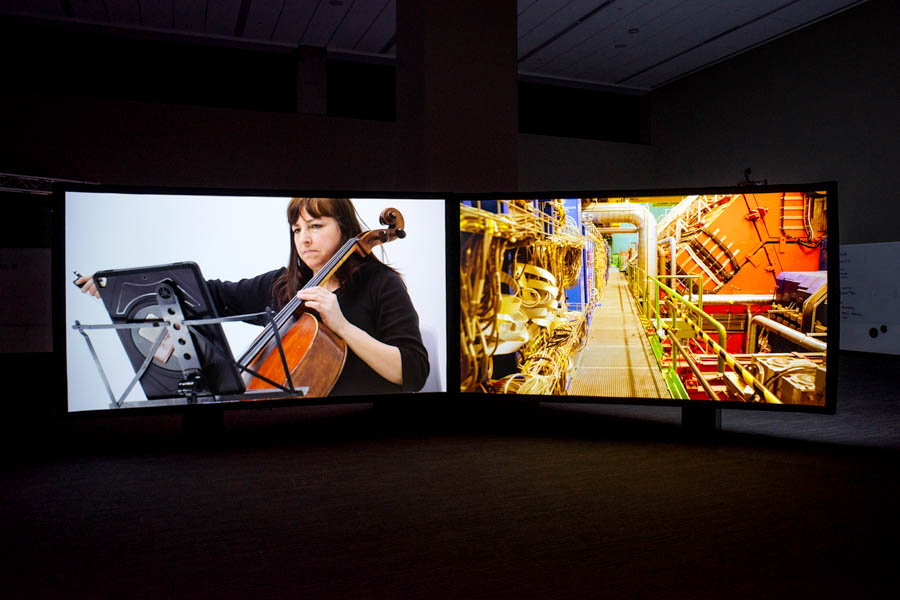  Installation view of  Journeys to Places Known and Unknown: Moving Images by Janet Bigs and peter campus, Sarasota Art Museum photo by Tierney Campus, @muggenborg 3v2.