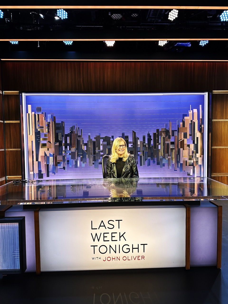 Katie on set with John Oliver